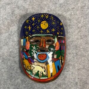 Vintage from Mexico Hand Painted Folk Art‎ Wooden Mask Moon Stars Village Scene